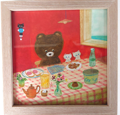 原画16  赤い壁　チェックのクロス